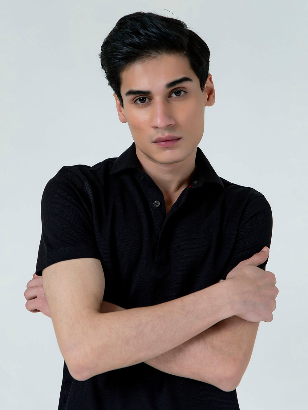 Black Pique Polo With Cutaway Collar