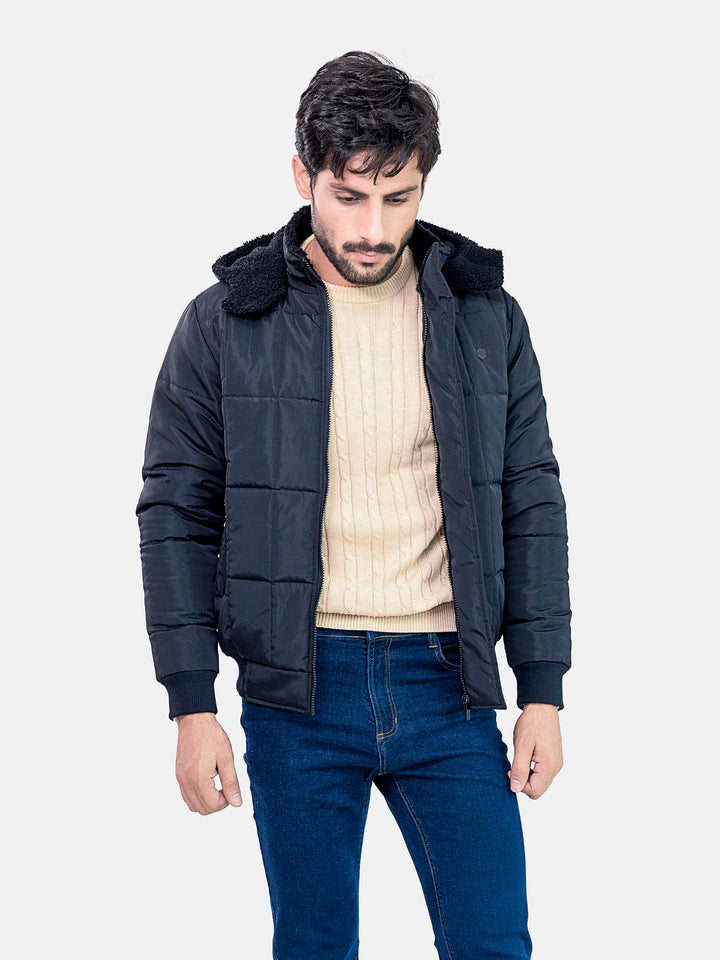 Black Quilted Puffer Jacket With Detachable Hoodie Brumano Pakistan