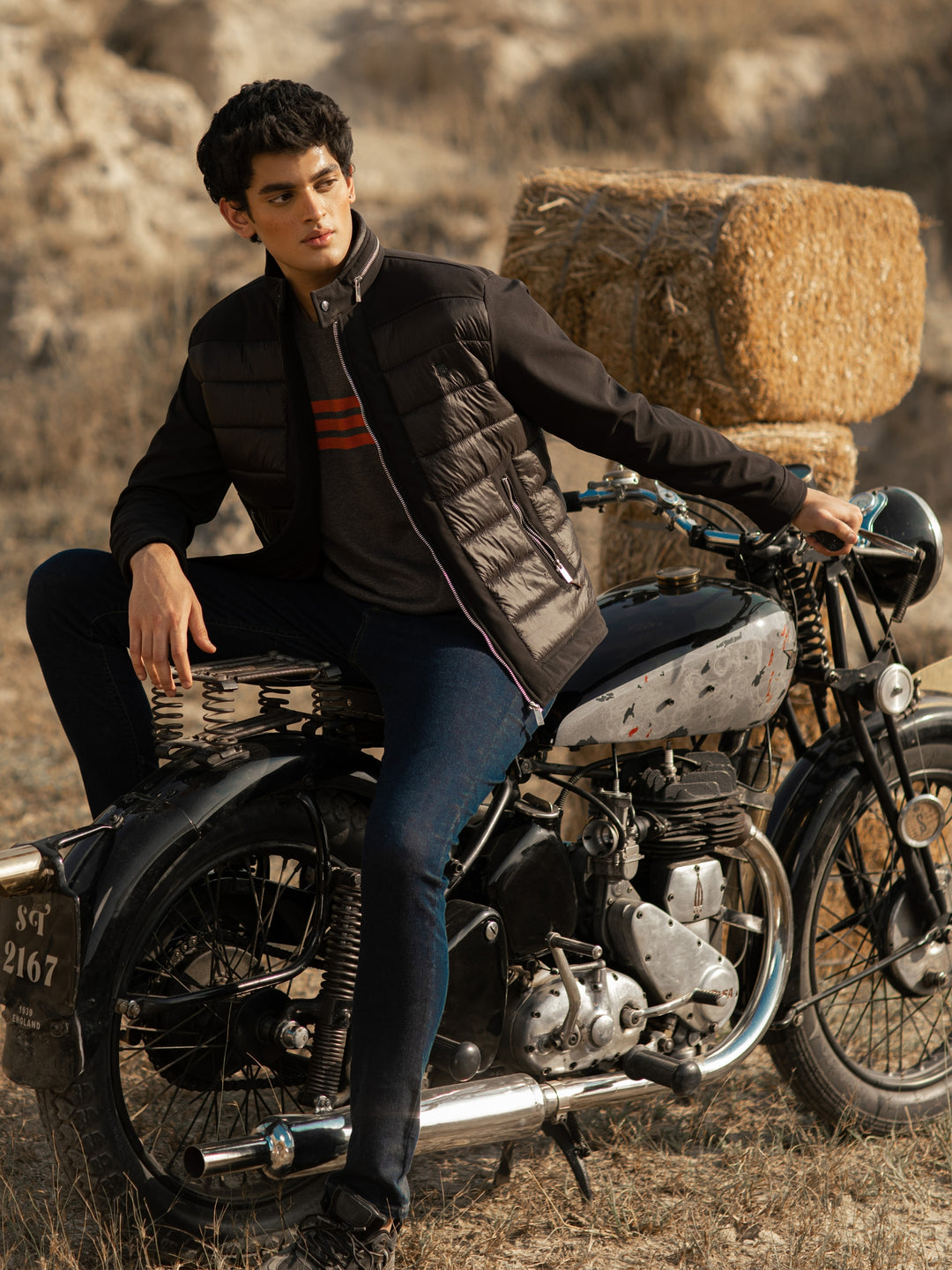 Black Two Tone Quilted Jacket Wth Silver Zip Brumano Pakistan