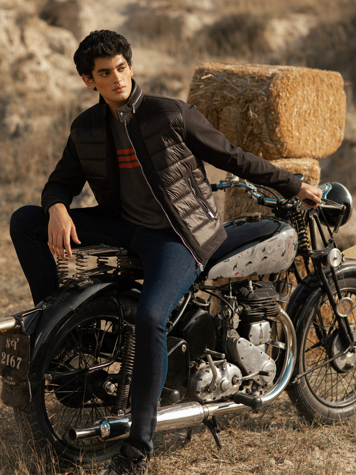Black Two Tone Quilted Jacket Wth Silver Zip Brumano Pakistan