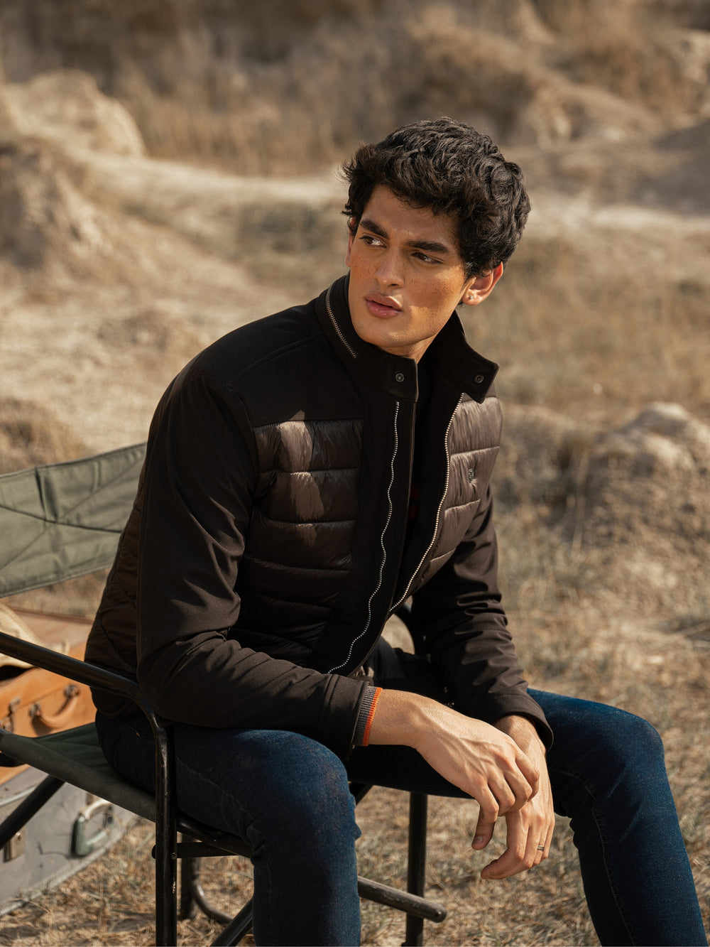 Black Two Tone Quilted Jacket With Silver Zip