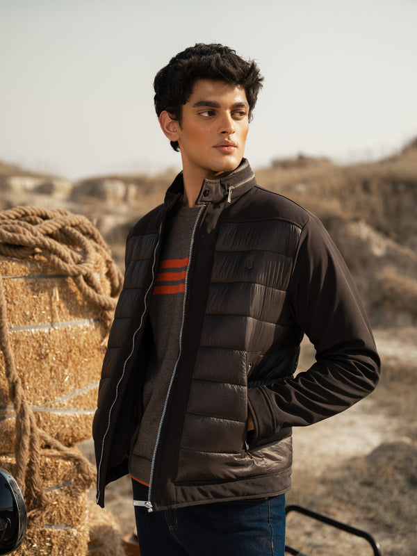 Black Two Tone Quilted Jacket Wth Silver Zip Brumano Pakistan