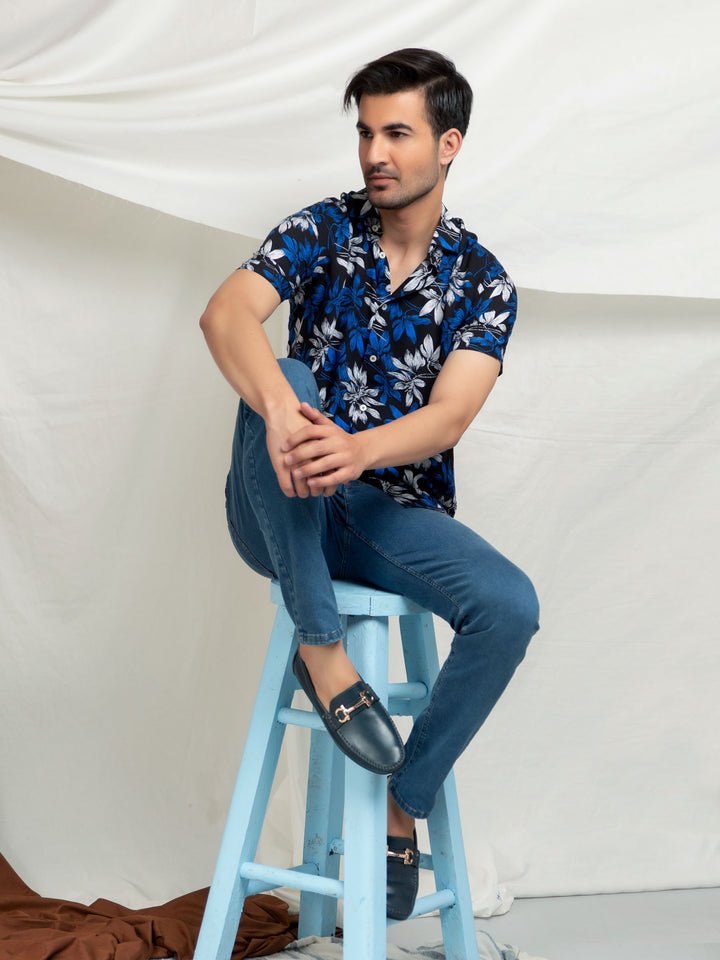 Black & Blue Viscose Printed Half Sleeve Shirt Brumano Pakistan