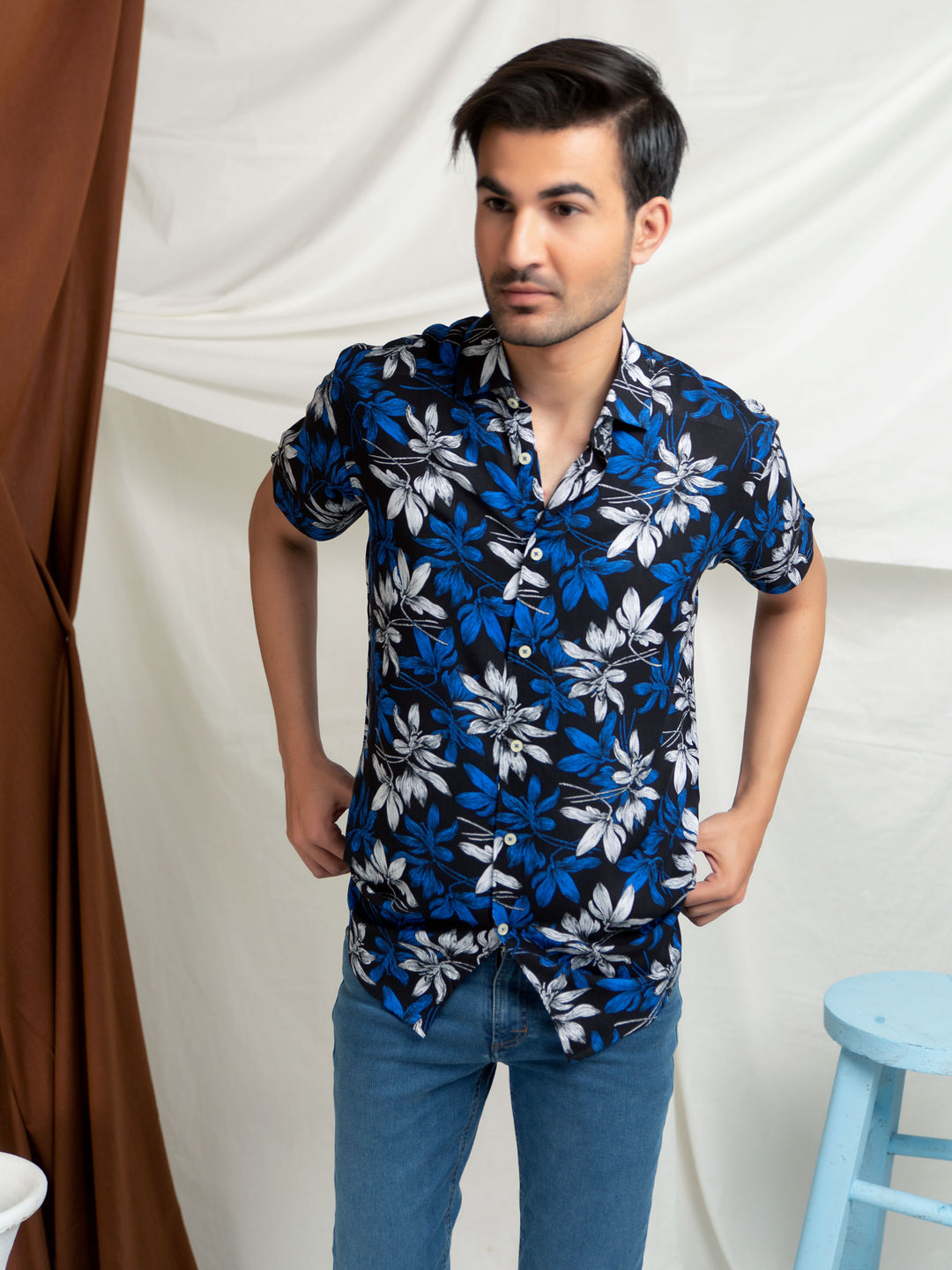 Black & Blue Viscose Printed Half Sleeve Shirt Brumano Pakistan