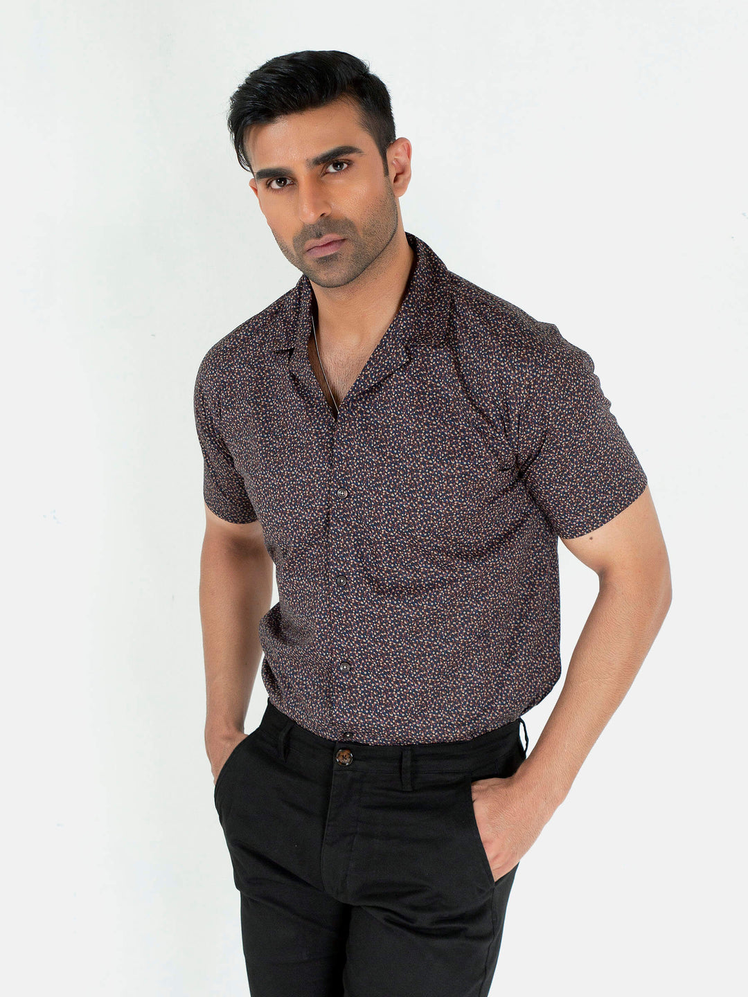 Black & Brown Printed Half Sleeve Cuban Collar Shirt Brumano Pakistan