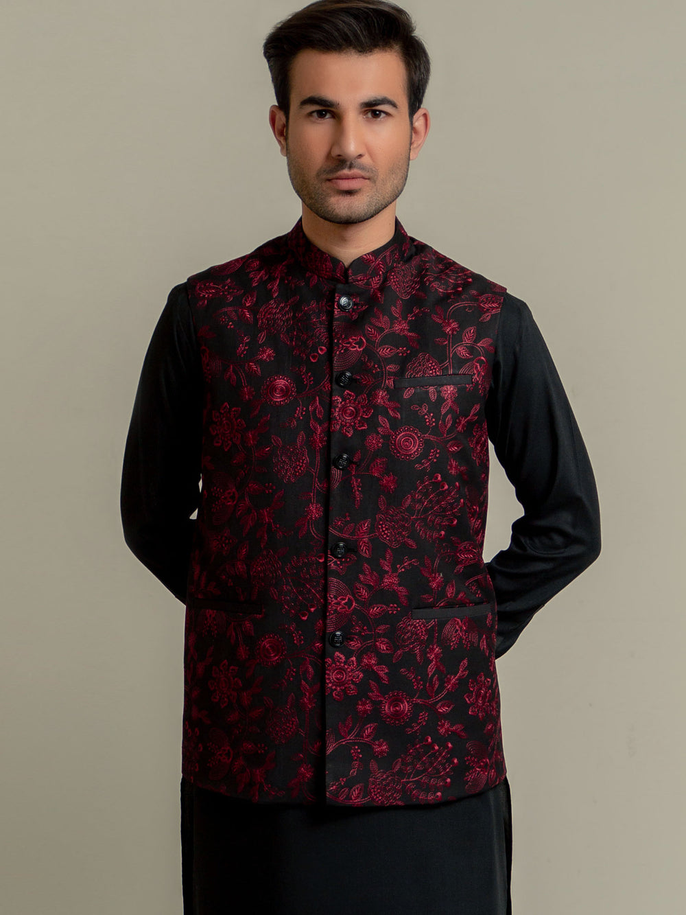 Black & maroon embroidered sartoria waistcoat brumano pakistan