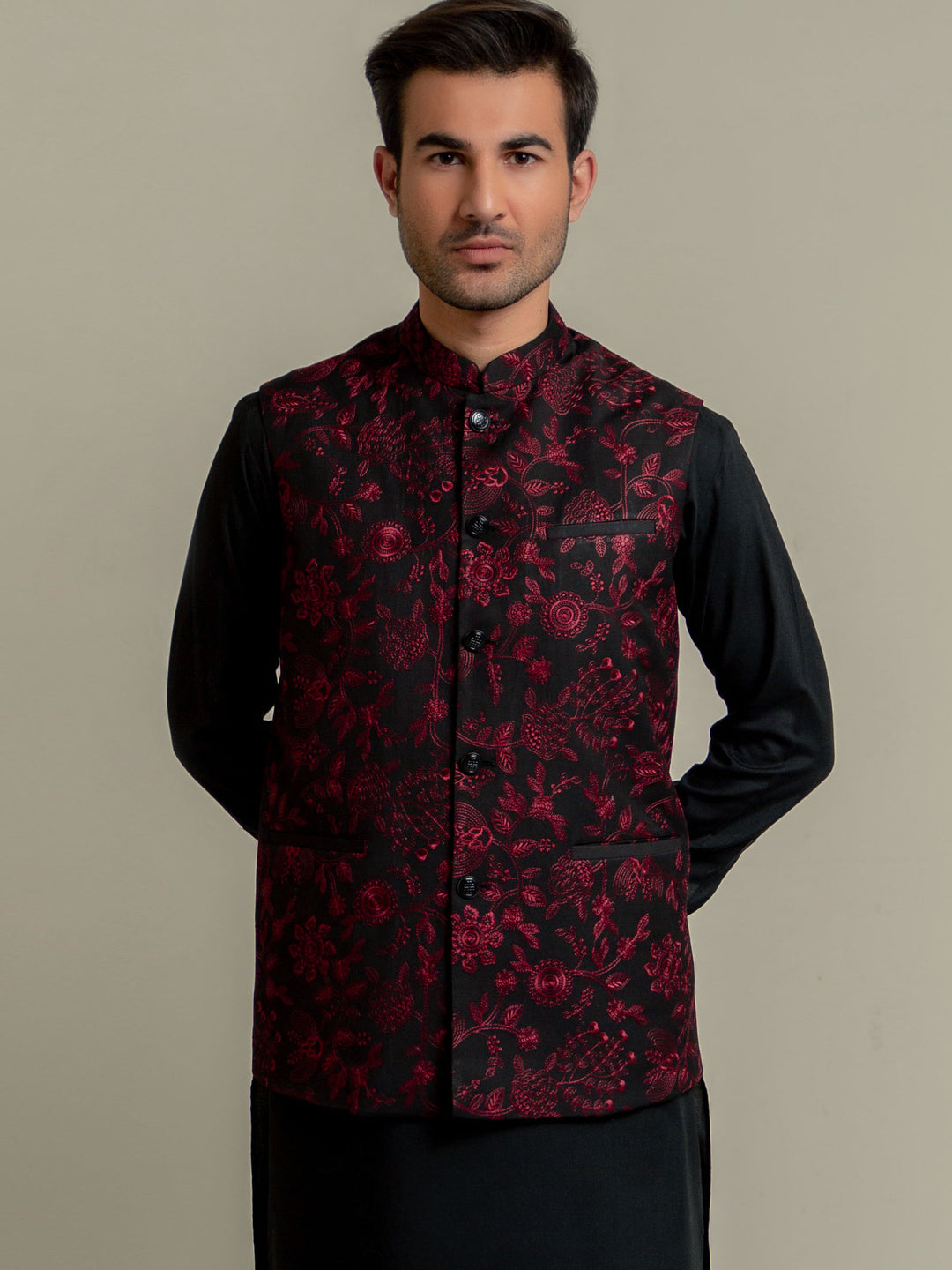 Black & Maroon Embroidered Sartoria Waistcoat Brumano Pakistan
