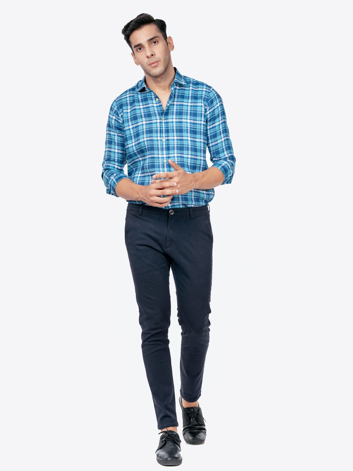 Blue 100% Linen Checkered Shirt Brumano Pakistan