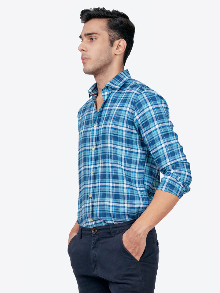 Blue 100% Linen Checkered Shirt Brumano Pakistan