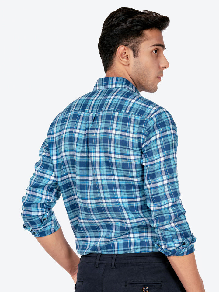Blue 100% Linen Checkered Shirt Brumano Pakistan