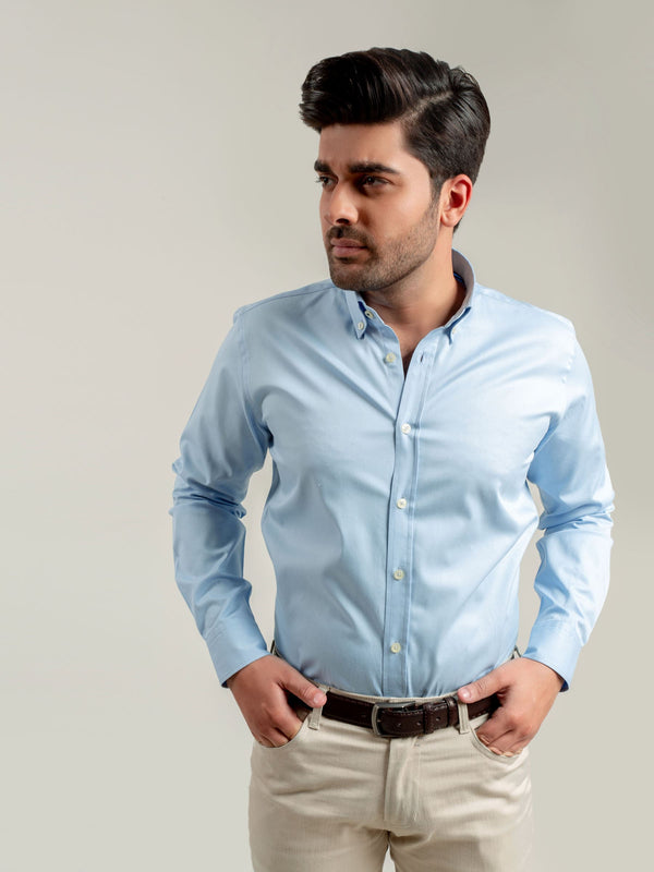 Blue Fine Twill Shirt With Grey Elbow Patch Brumano Pakistan