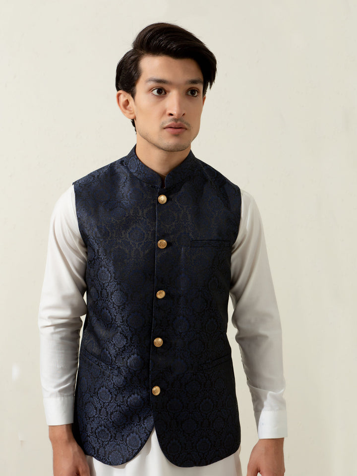 Blue Floral Patterned Waistcoat Brumano Pakistan