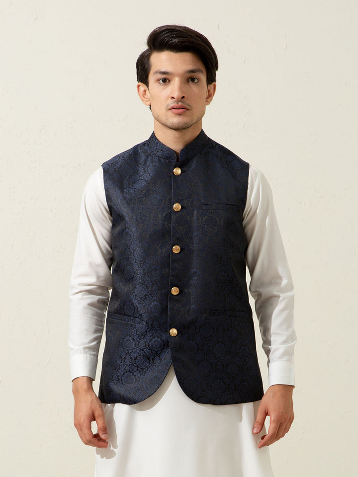 Blue Floral Patterned Waistcoat Brumano Pakistan