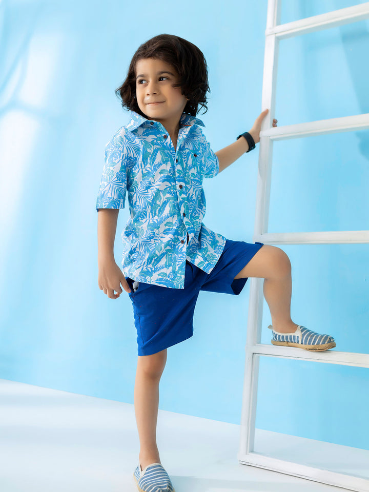 Blue Floral Printed Short Sleeve Casual Shirt Brumano Pakistan
