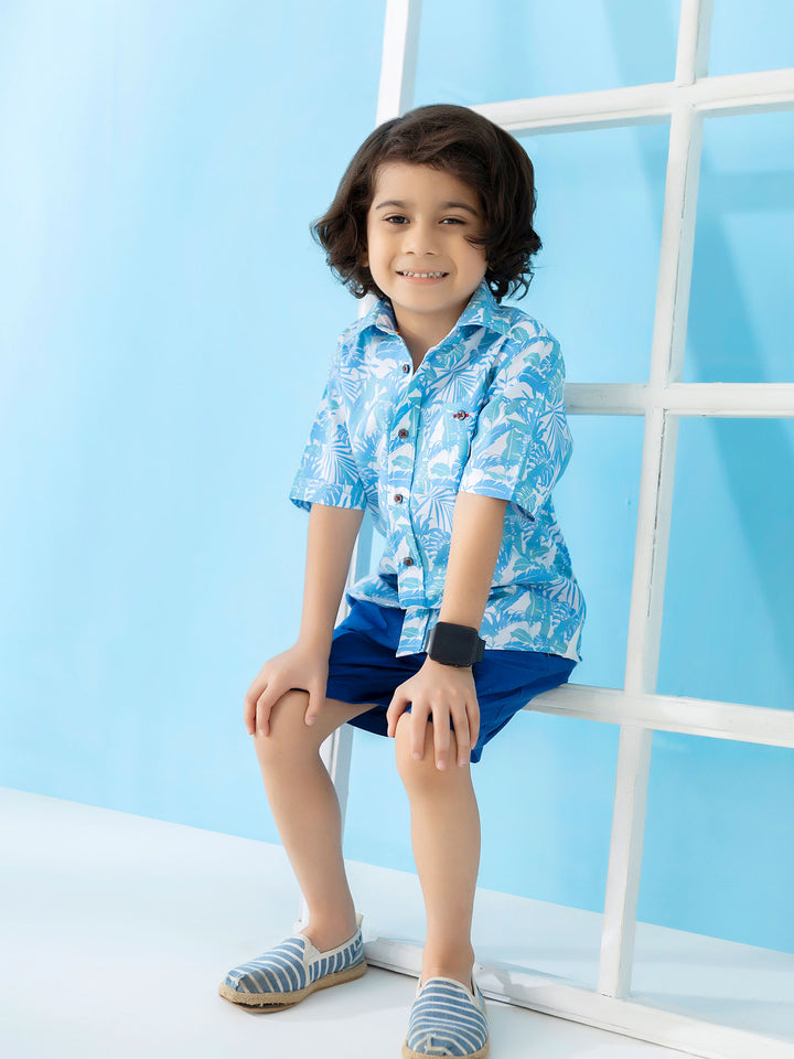 Blue Floral Printed Short Sleeve Casual Shirt Brumano Pakistan