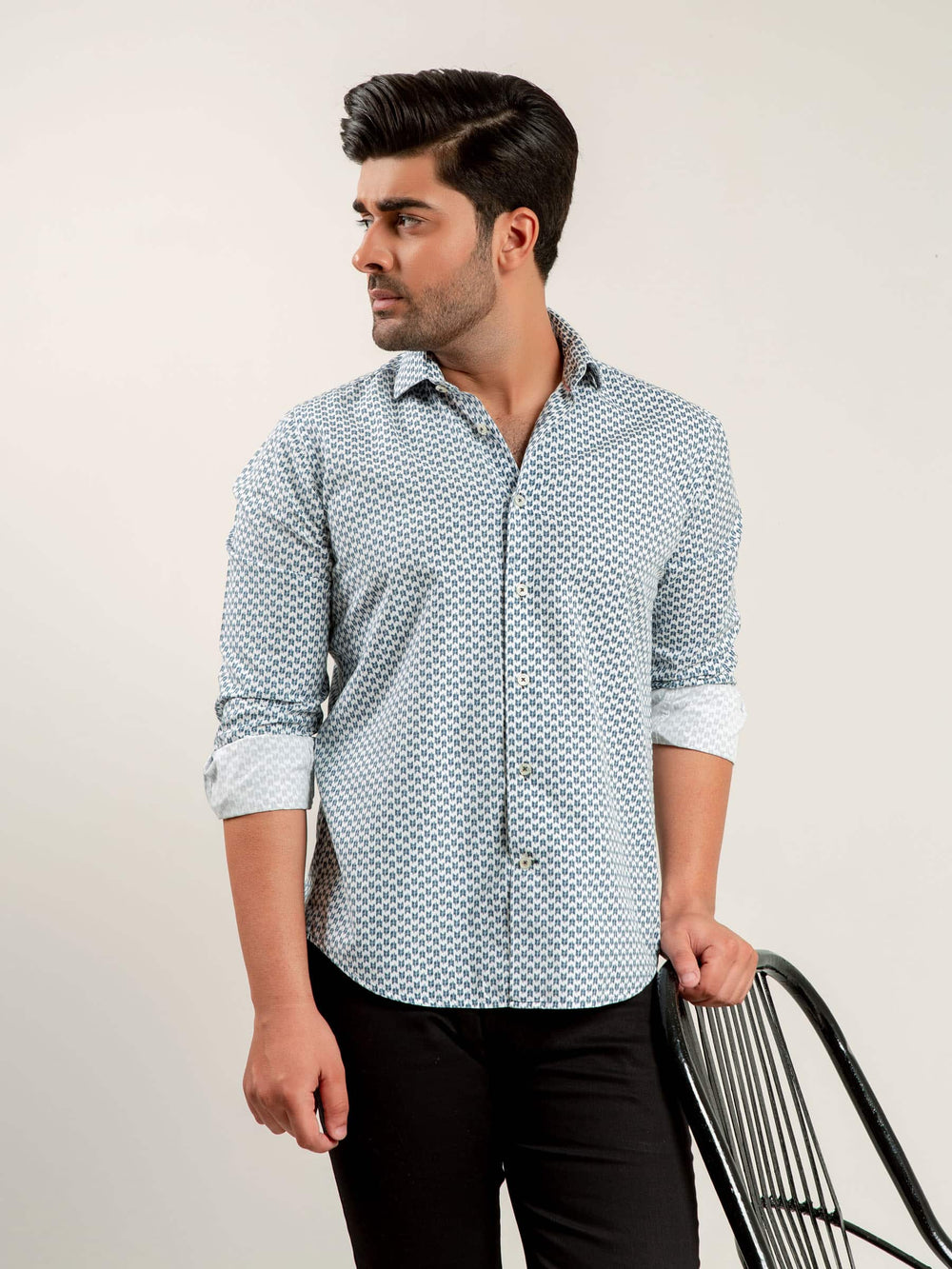Blue Geo Printed Shirt With Shallow Collar