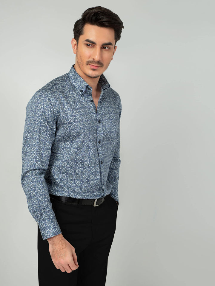 Blue Geometric Motif Printed Shirt Brumano