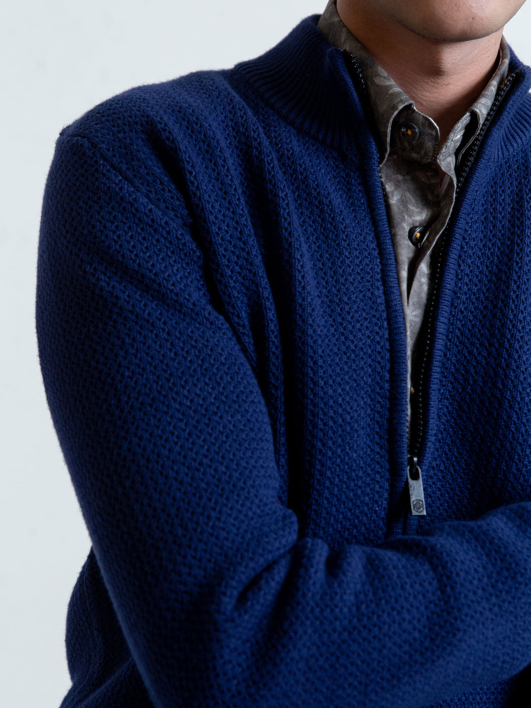 Blue Knitted Chunky Textured Zipper Brumano Pakistan