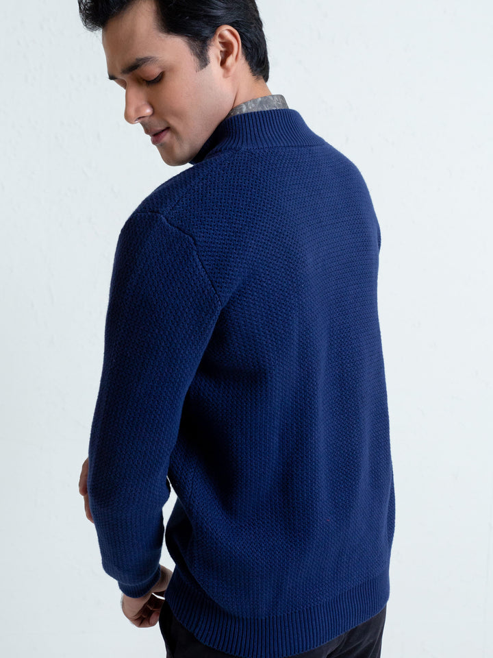 Blue Knitted Chunky Textured Zipper Brumano Pakistan