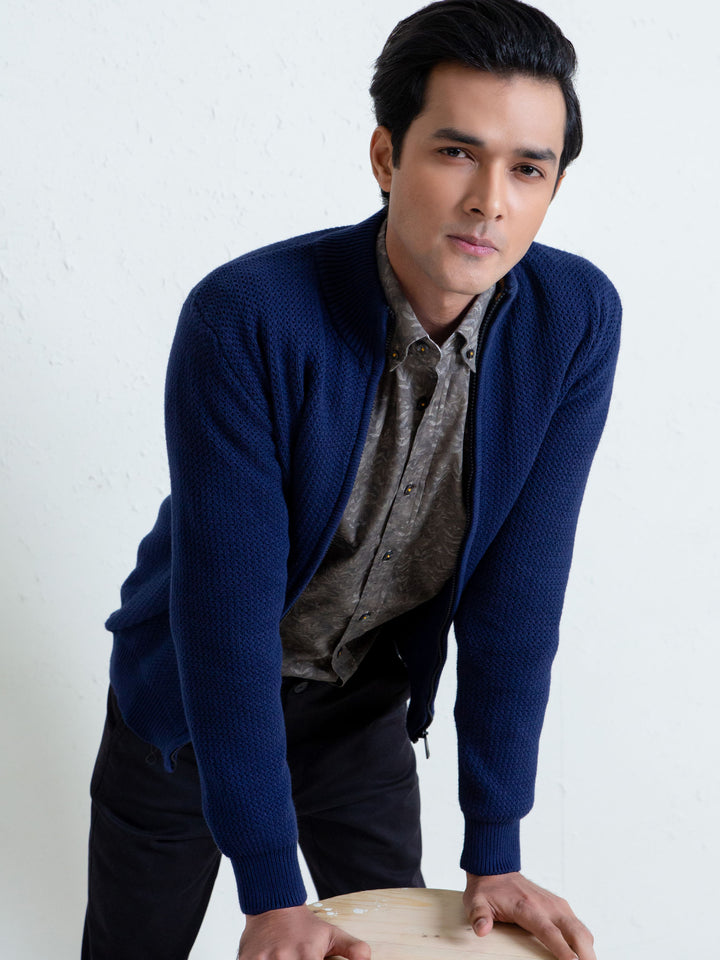 Blue Knitted Chunky Textured Zipper Brumano Pakistan