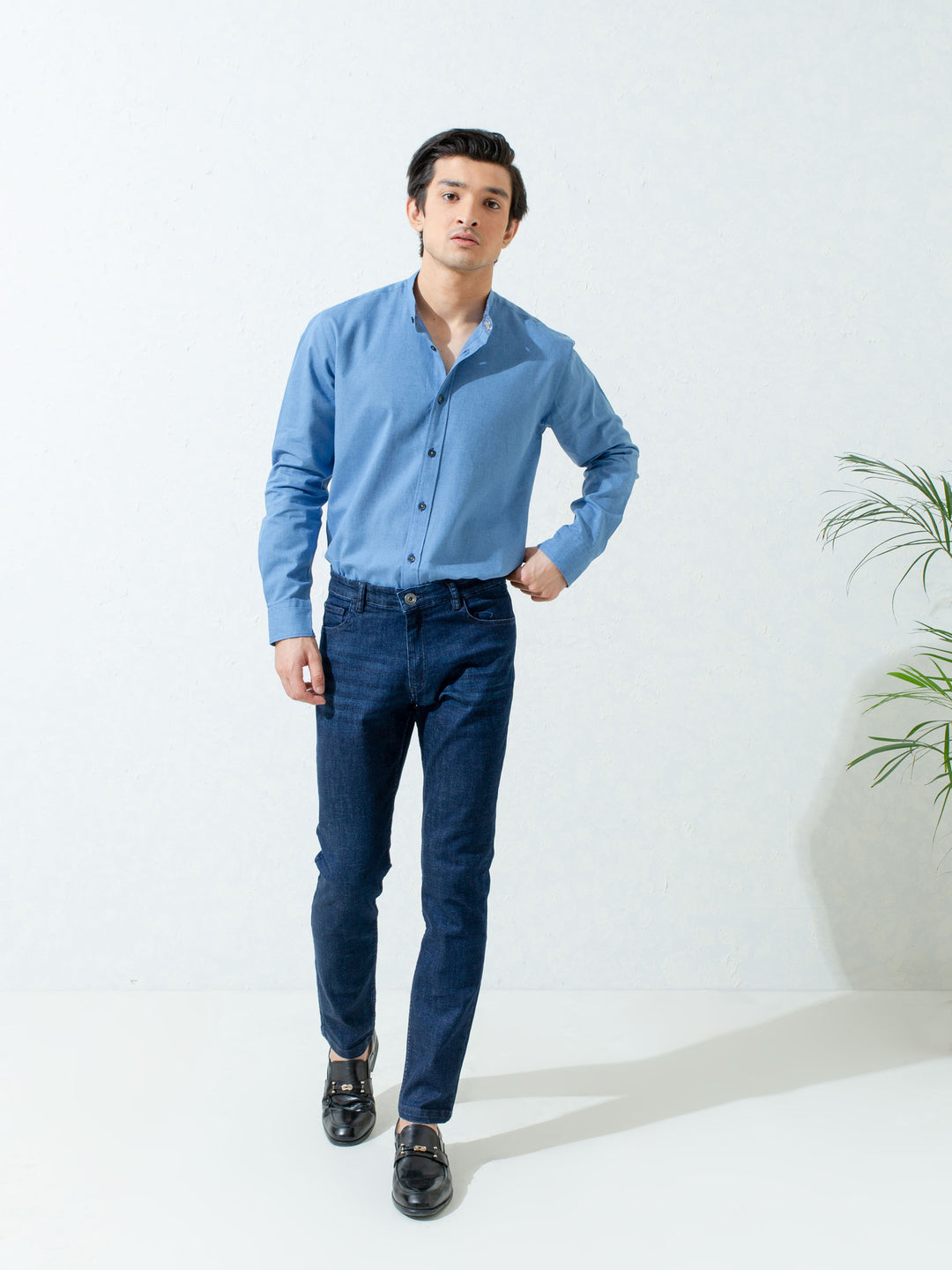 Blue Linen Mao Collar Shirt Brumano Pakistan