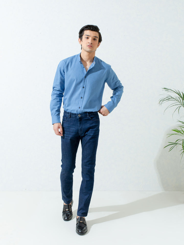 Blue Linen Mao Collar Shirt Brumano Pakistan