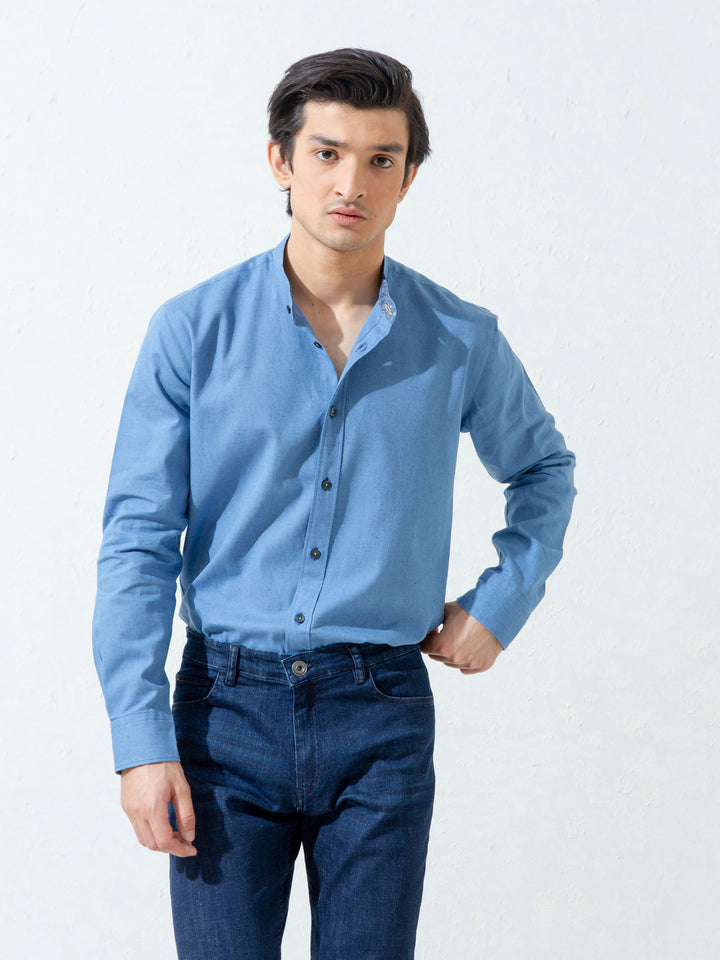 Blue Linen Mao Collar Shirt Brumano Pakistan