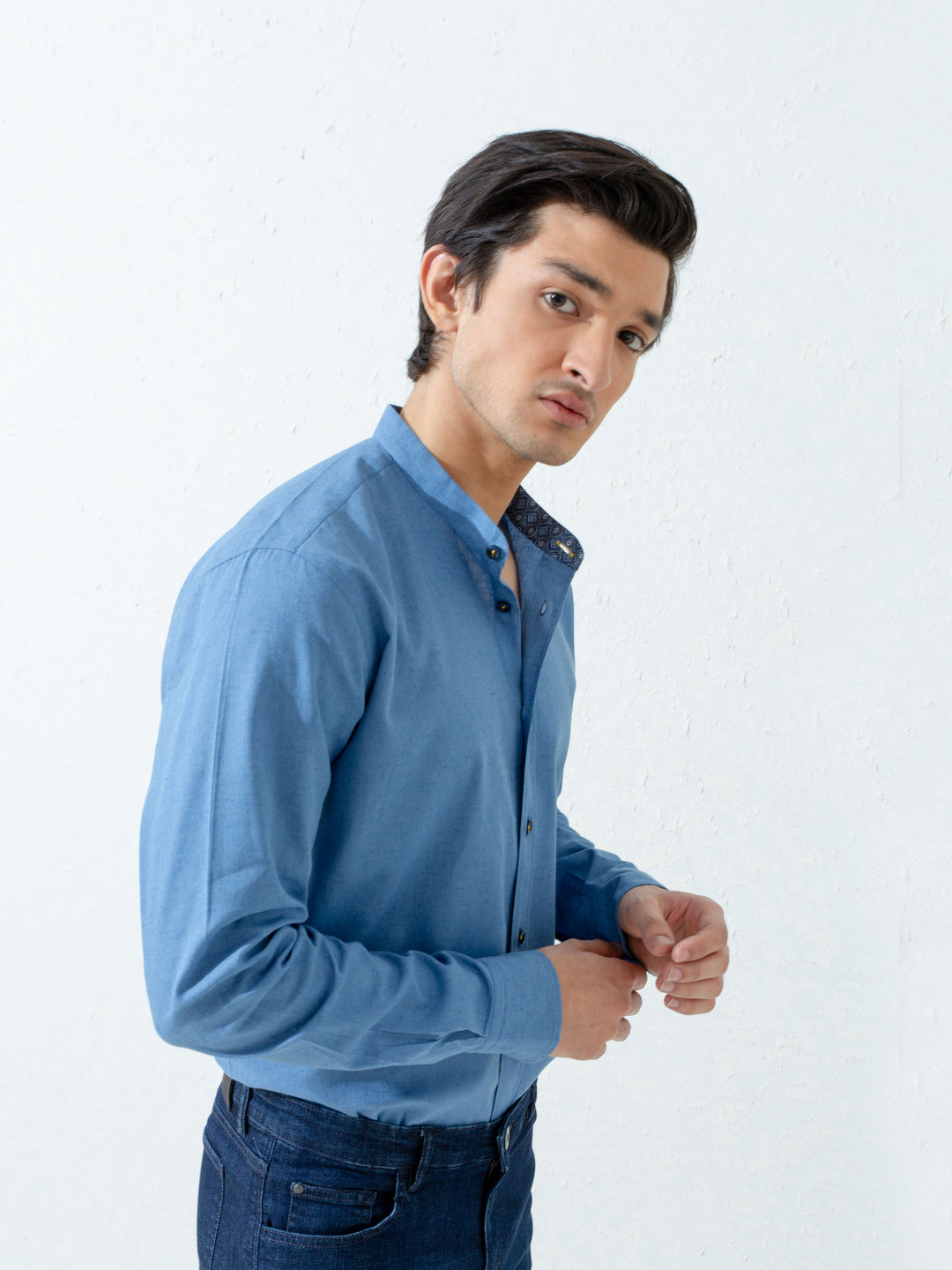 Blue Linen Mao Collar Shirt Brumano Pakistan