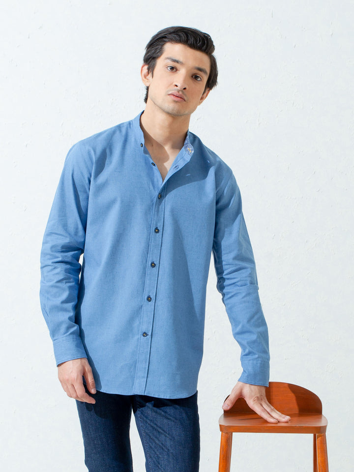 Blue Linen Mao Collar Shirt Brumano Pakistan