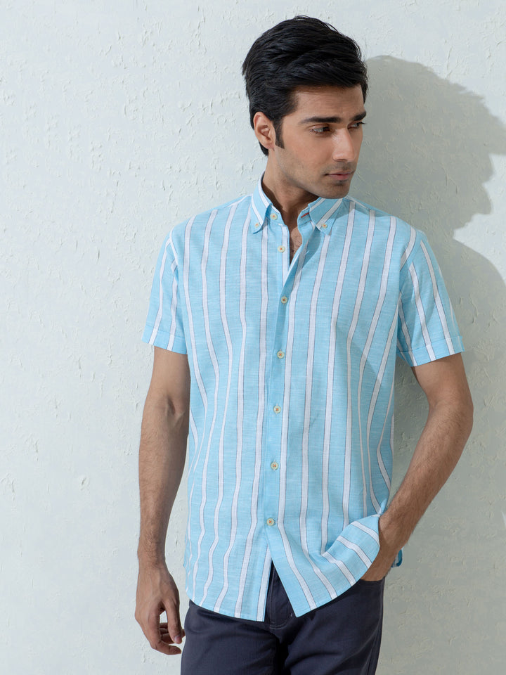 Blue Linen Striped Half Sleeve Shirt Brumano Pakistan