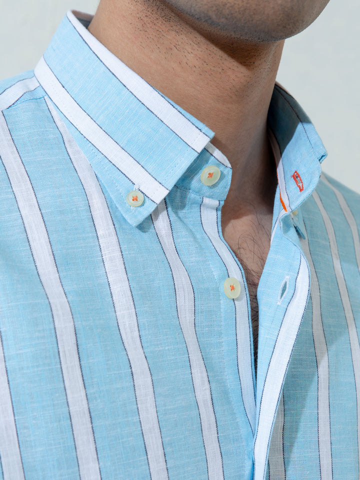 Blue Linen Striped Half Sleeve Shirt Brumano Pakistan