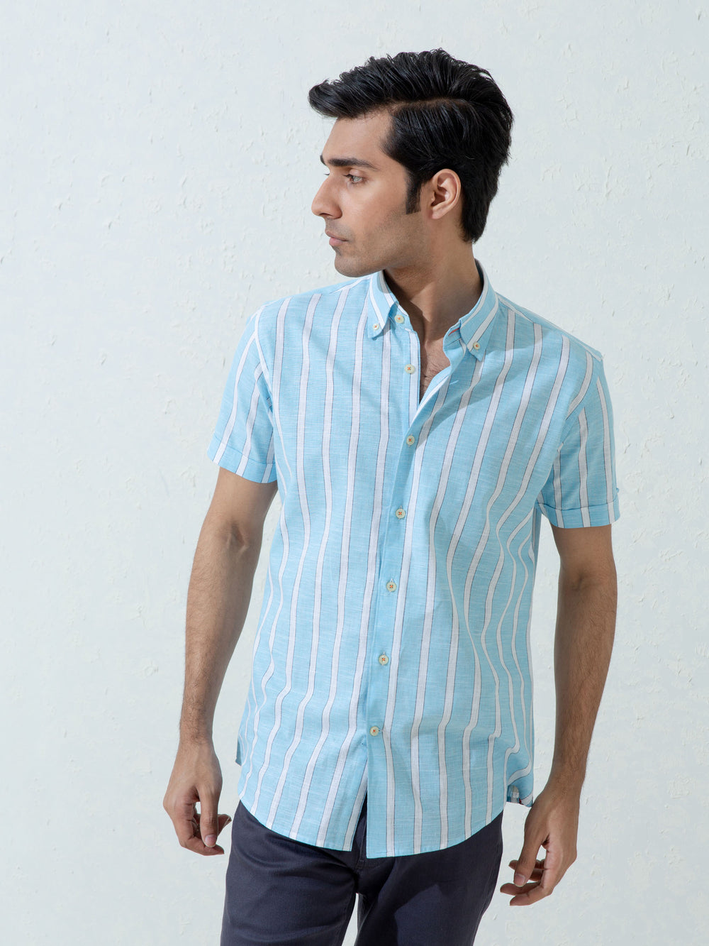 Blue Linen Striped Half Sleeve Shirt