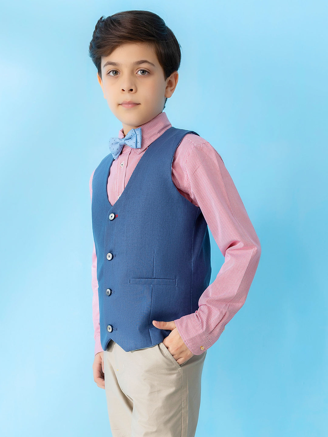 Blue Linen Textured Suit Vest With Bow Brumano Pakistan
