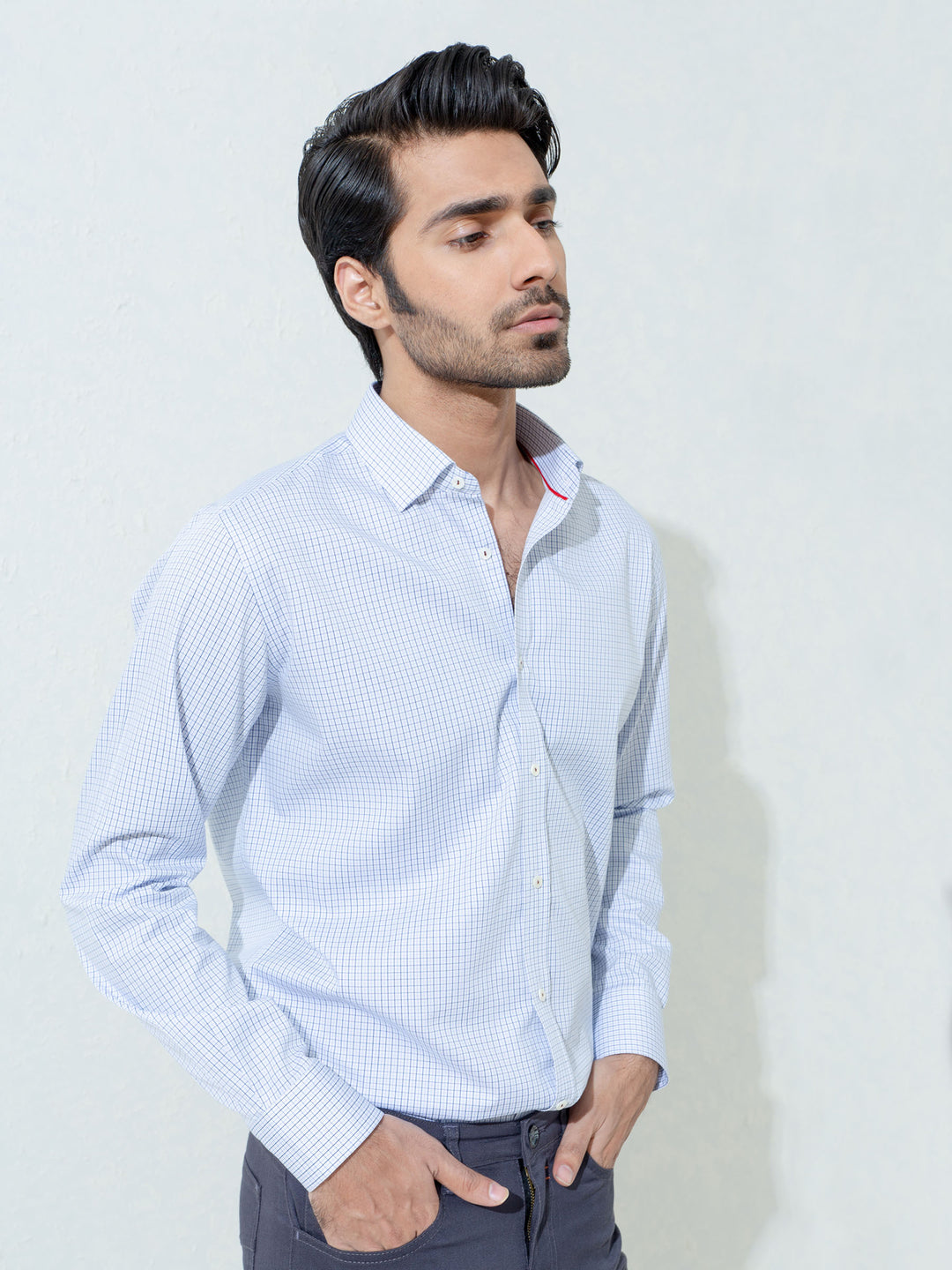 Blue Micro Gingham Shirt With Inside But Down Collar Brumano Pakistan