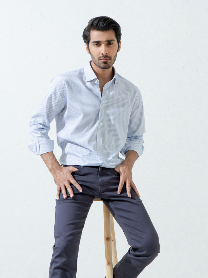 Blue Micro Gingham Shirt With Inside But Down Collar Brumano Pakistan