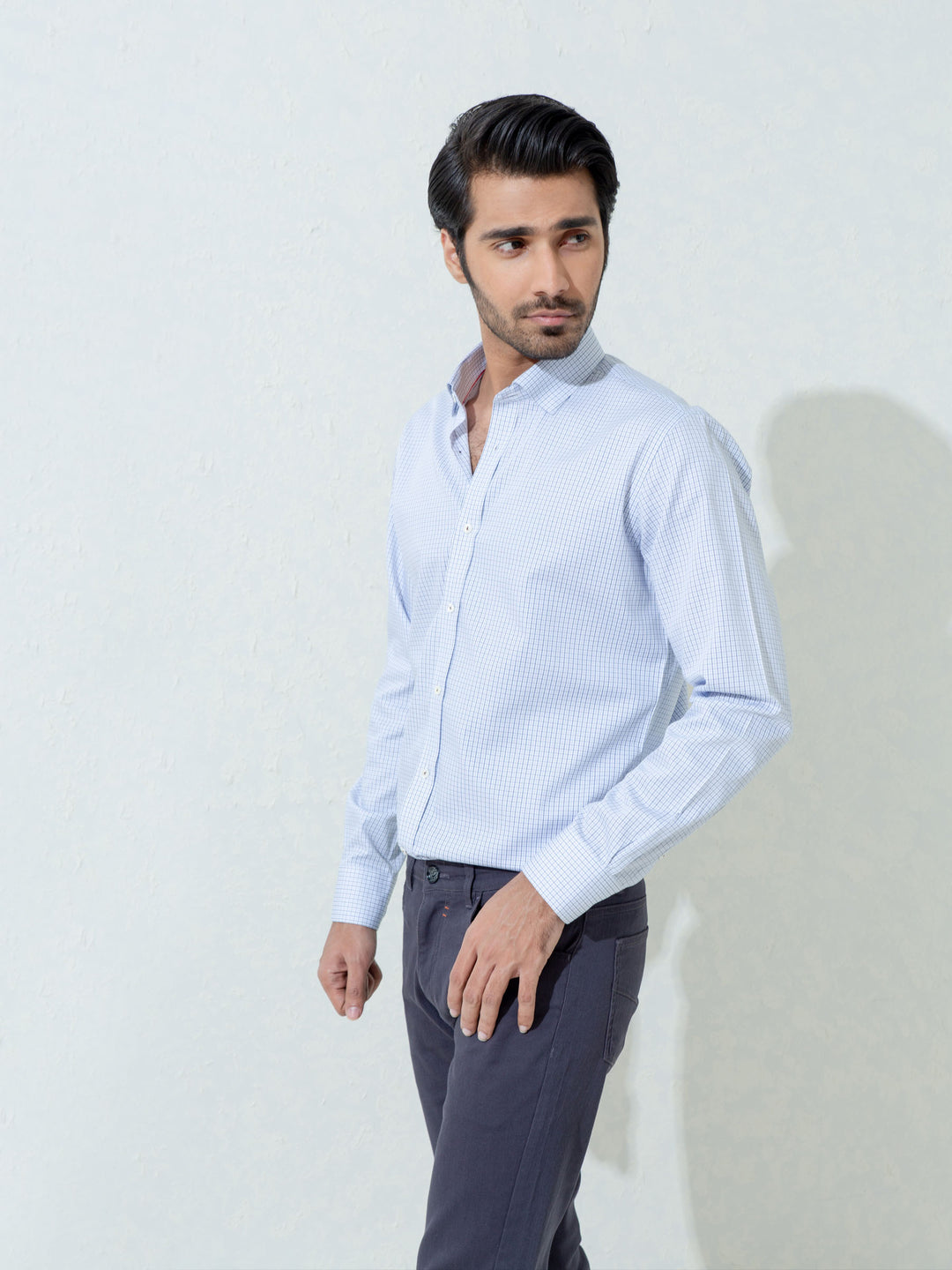 Blue Micro Gingham Shirt With Inside But Down Collar Brumano Pakistan