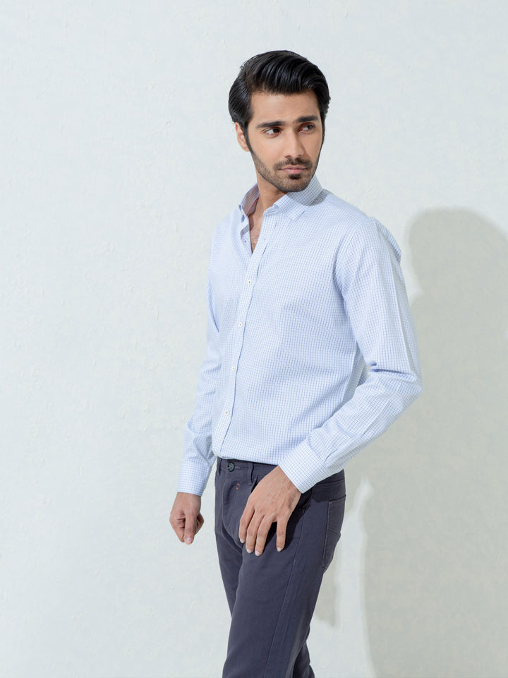 Blue Micro Gingham Shirt With Inside But Down Collar Brumano Pakistan