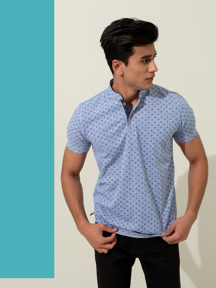 Blue Pique Printed Mao Collar Polo Shirt Brumano Pakistan