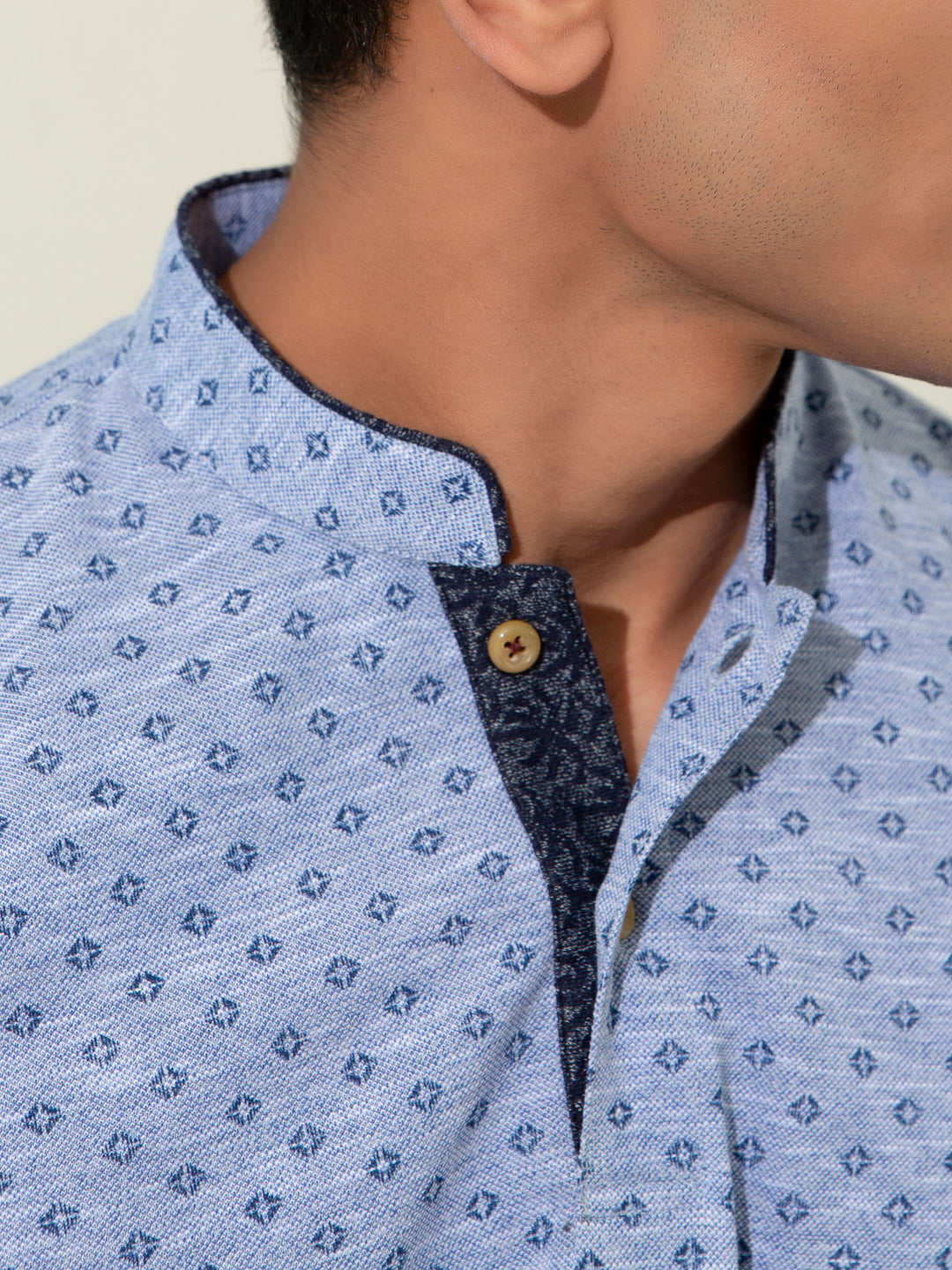 Blue Pique Printed Mao Collar Polo Shirt Brumano Pakistan