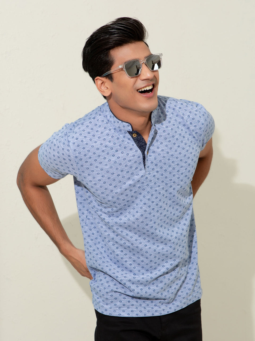 Blue Pique Printed Mao Collar Polo Shirt Brumano Pakistan