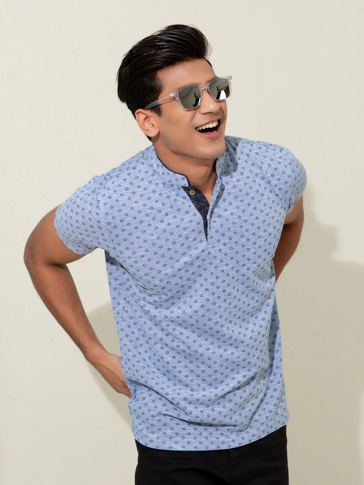 Blue Pique Printed Mao Collar Polo Shirt Brumano Pakistan