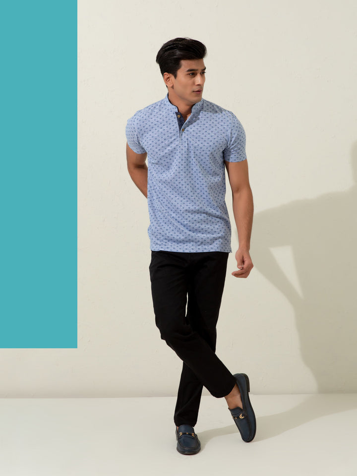 Blue Pique Printed Mao Collar Polo Shirt Brumano Pakistan