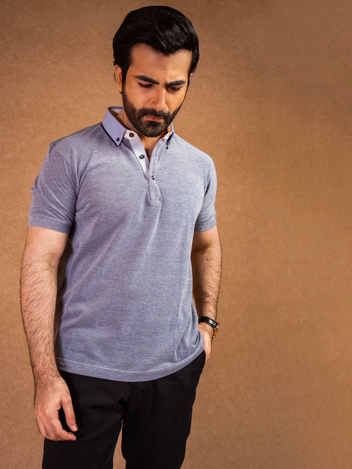 Blue Polo Shirt With Printed Collar Detailing