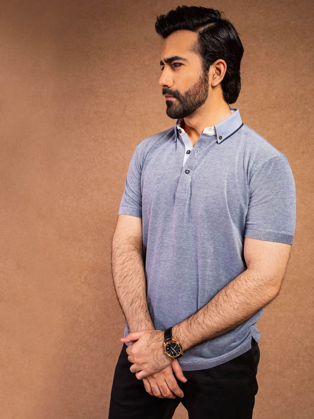 Blue Polo Shirt With Printed Collar Detailing