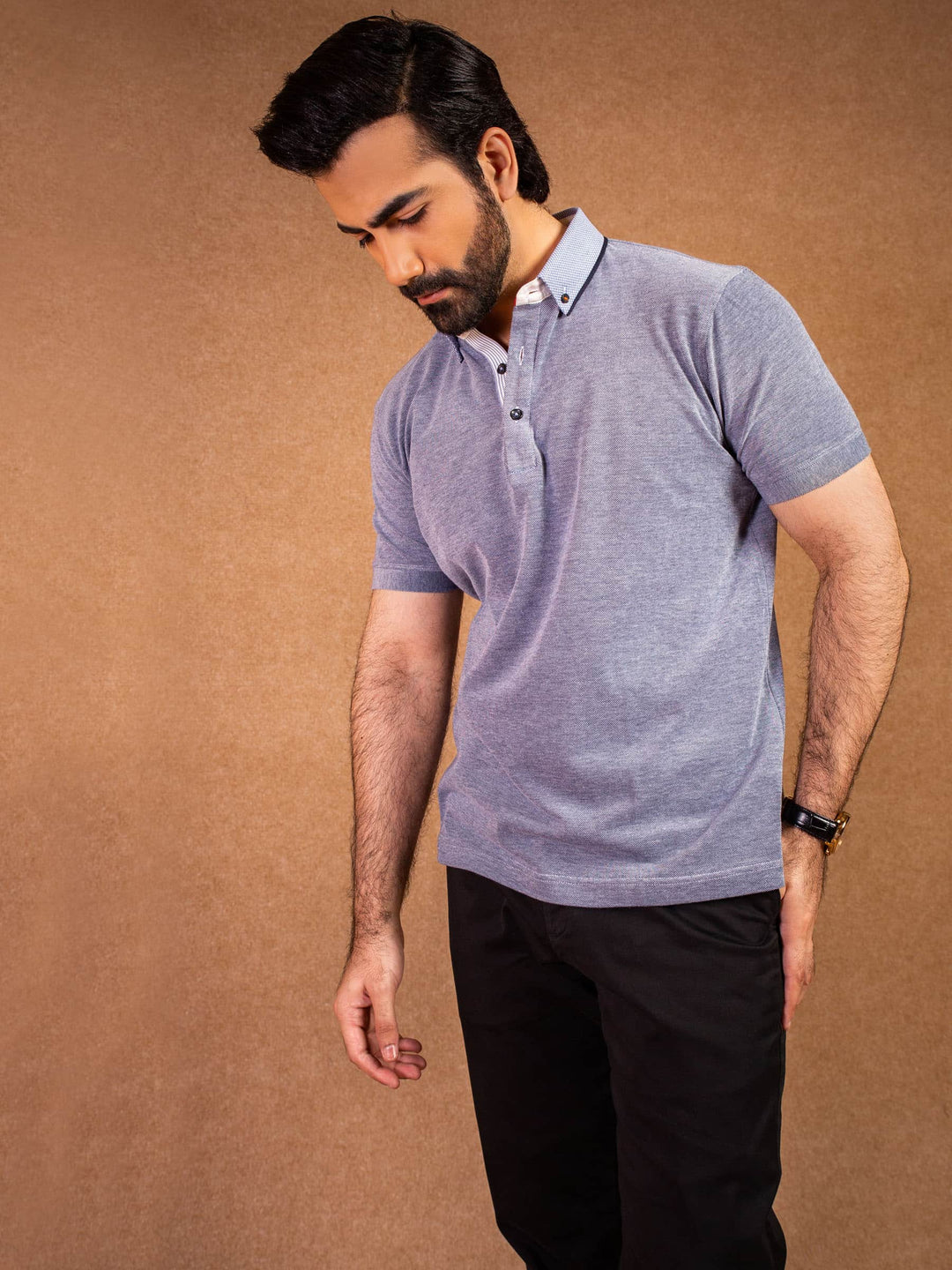 Blue Polo Shirt With Printed Collar Detailing