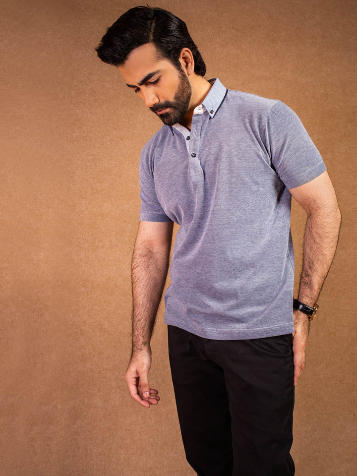 Blue Polo Shirt With Printed Collar Detailing