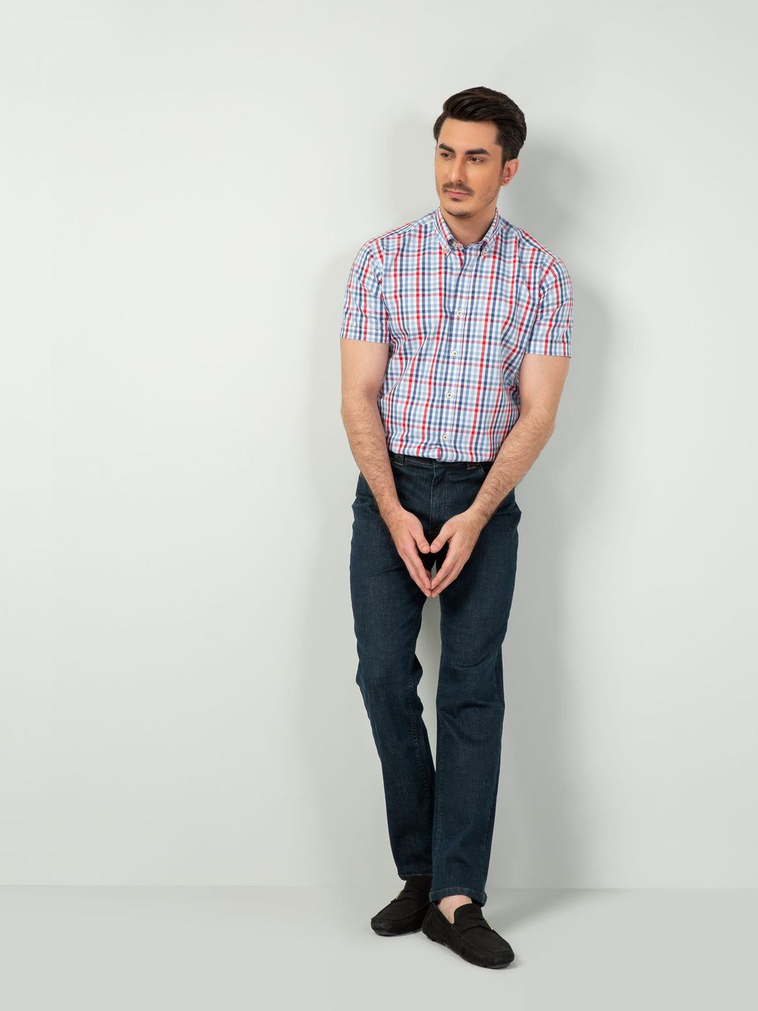 Blue & Red Gingham Half Sleeve Shirt Brumano Pakistan