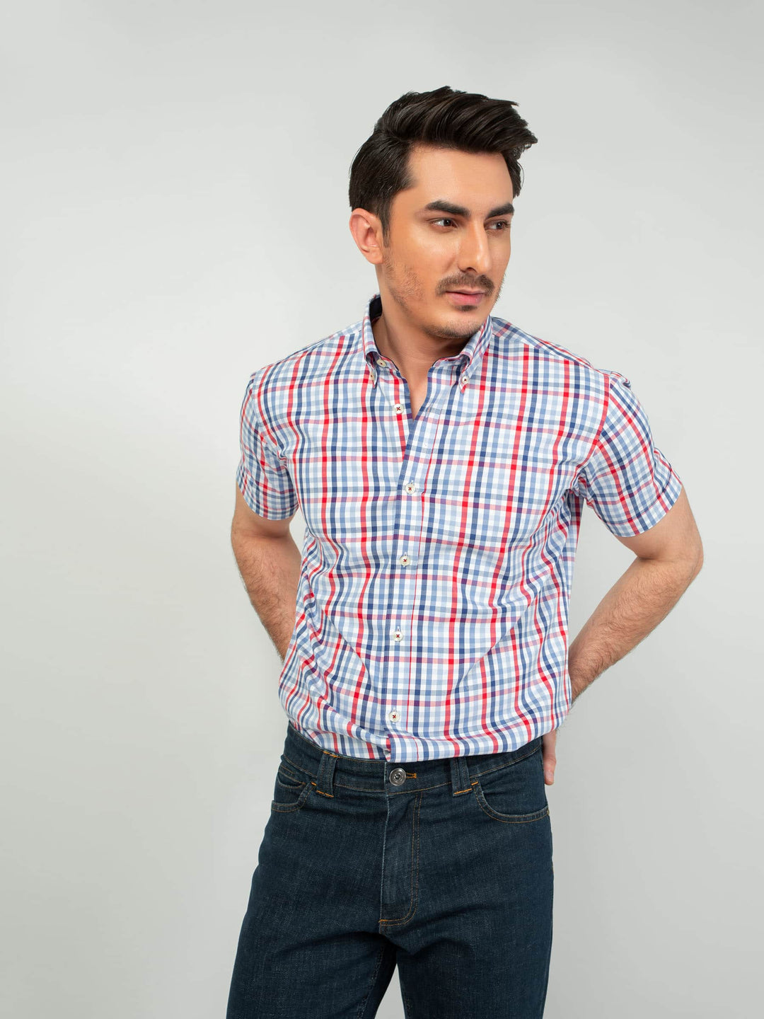 Blue & Red Gingham Half Sleeve Shirt Brumano Pakistan