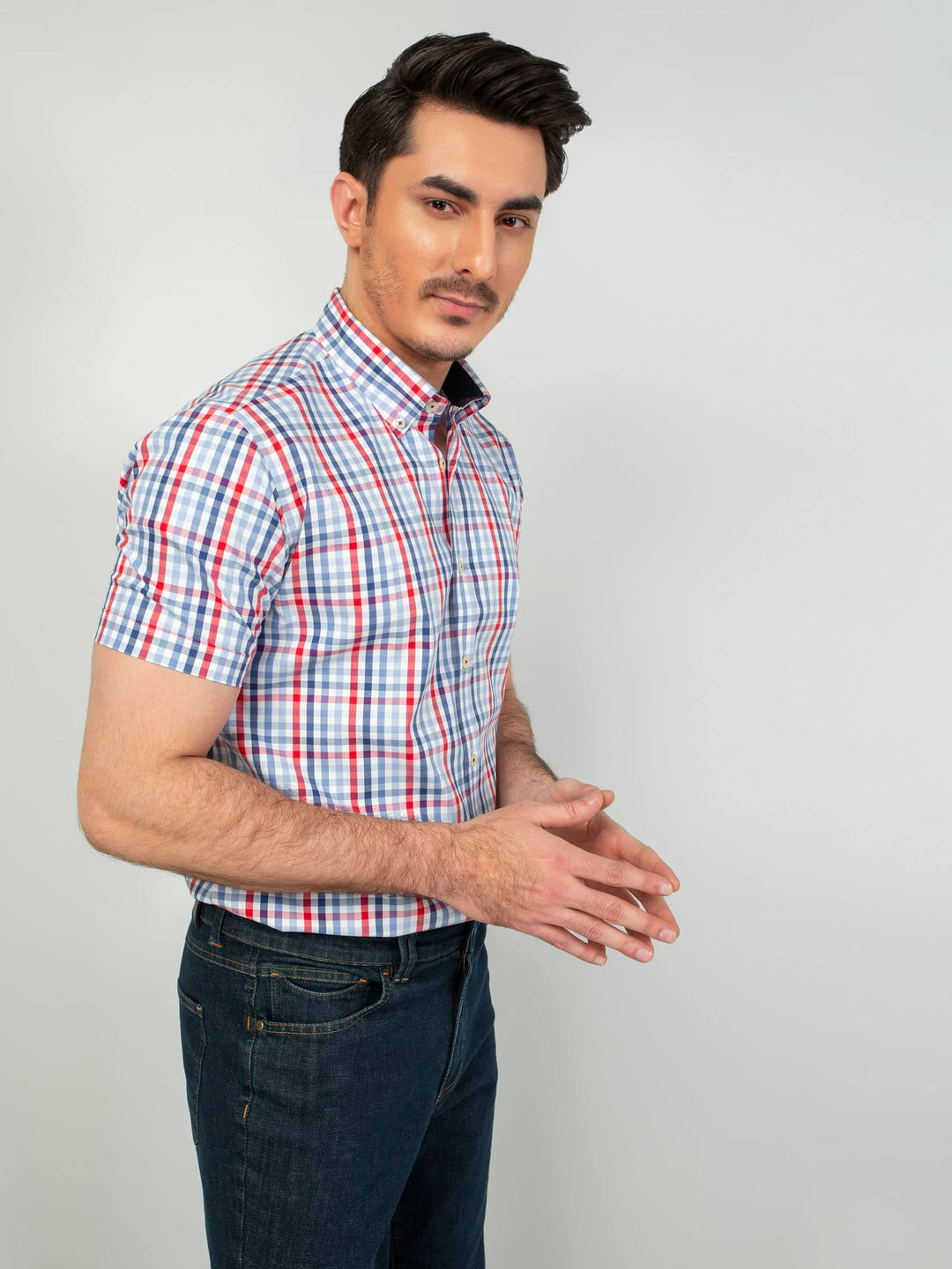 Blue & Red Gingham Half Sleeve Shirt Brumano Pakistan