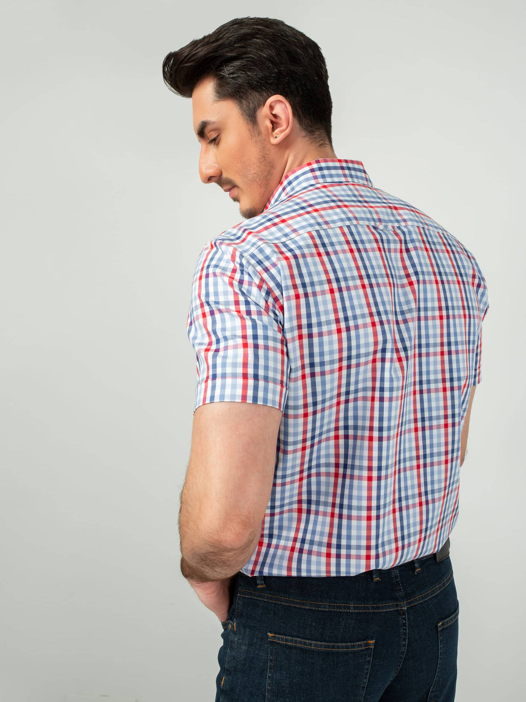 Blue & Red Gingham Half Sleeve Shirt Brumano Pakistan